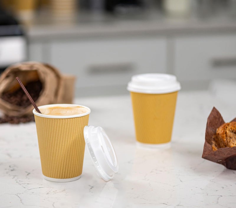 GUSTO [12 oz. - 100 Count Insulated Kraft Ripple Paper Hot Cups, Disposable Coffee Cups With Lids - Ideal for Hot Beverages, Travel, and Office Use (Formerly Comfy Package) - Image 5